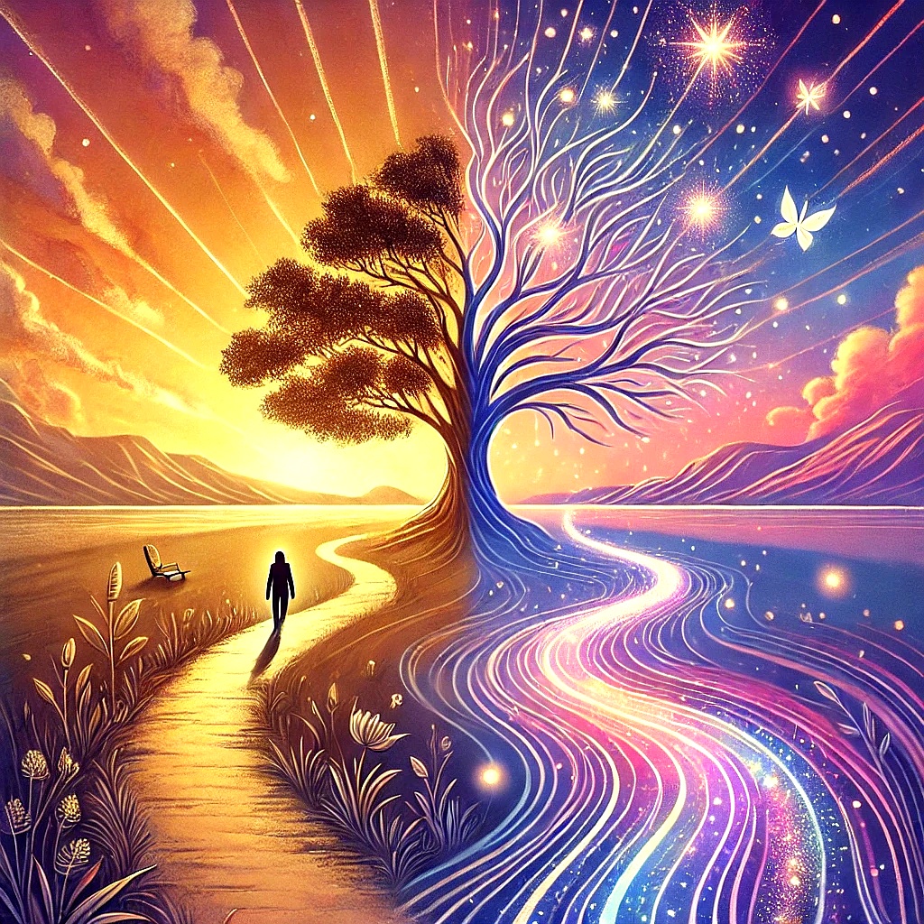 alt="Illustration symbolique de la différenciation et de l'unicité en Design Humain, montrant deux chemins menant à un arbre unique.